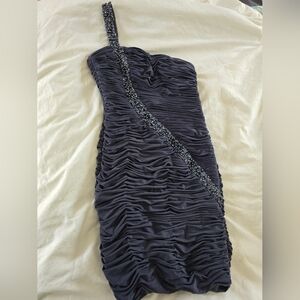 Stunning Gray Beaded One Strap Evening Short Dress